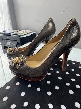 Coach Metallic Gold Charcoal Jeweled Platform Pumps